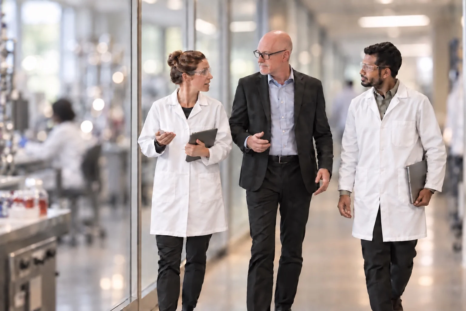 Experienced operations leader walking through a biotechnology laboratory with colleagues