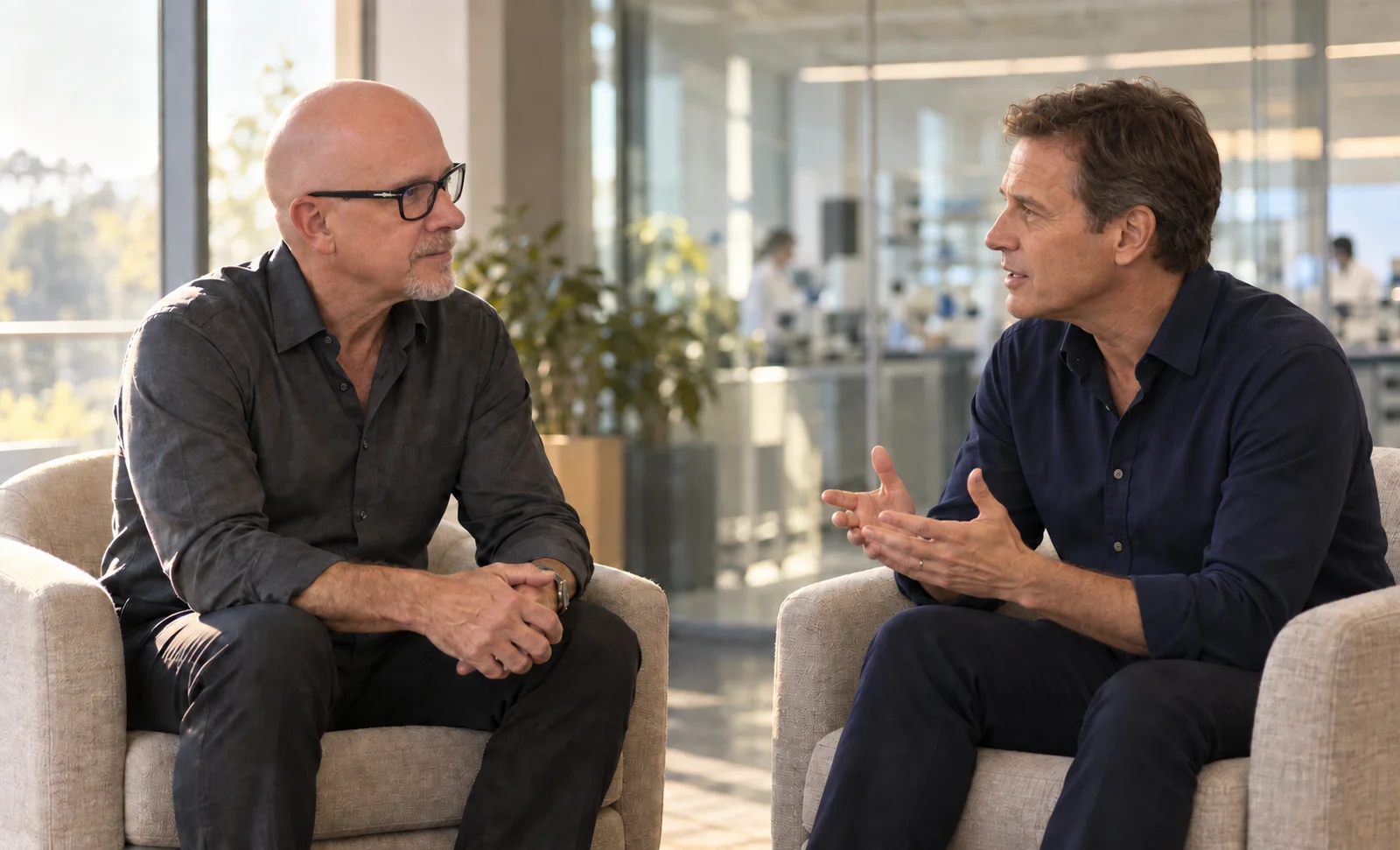 Steve Michel listening to a life-science executive in a laboratory-adjacent office