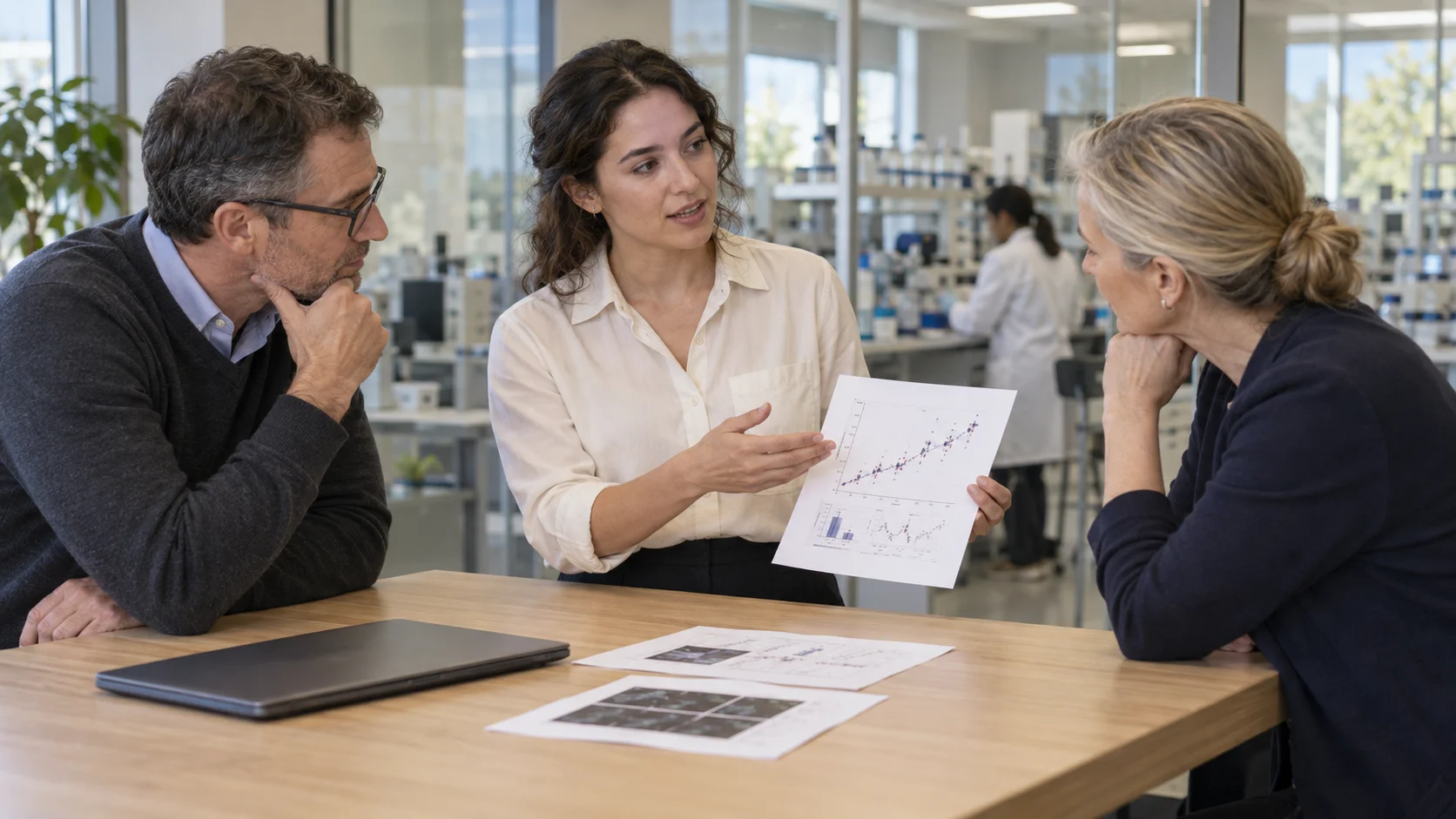 A scientist explains an experimental finding to two attentive colleagues during a research discussion.