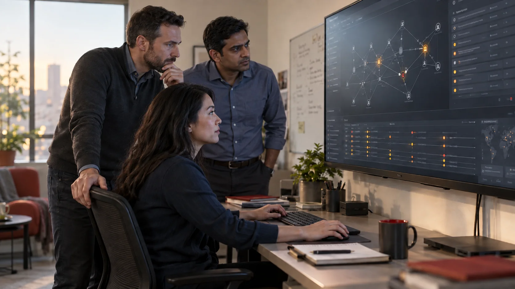 Three cybersecurity professionals collaborate while reviewing connected security events and a network diagram.