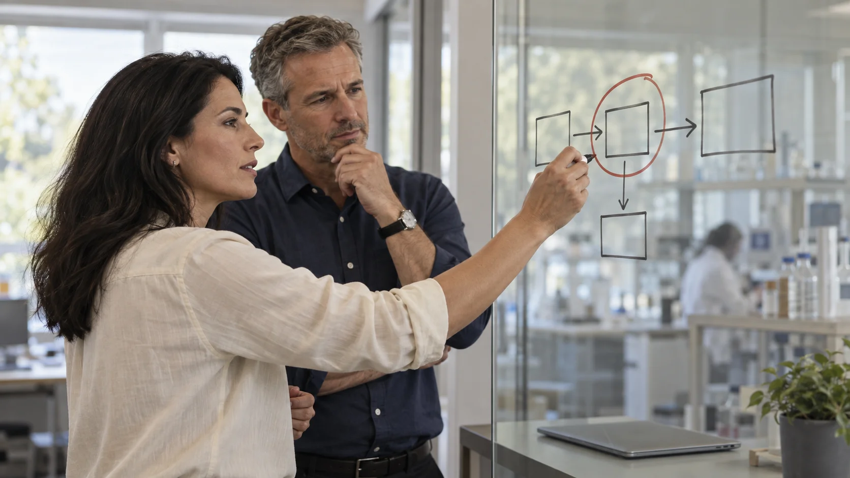 Two colleagues examine a workflow on glass, highlighting a bottleneck before choosing a technology solution.