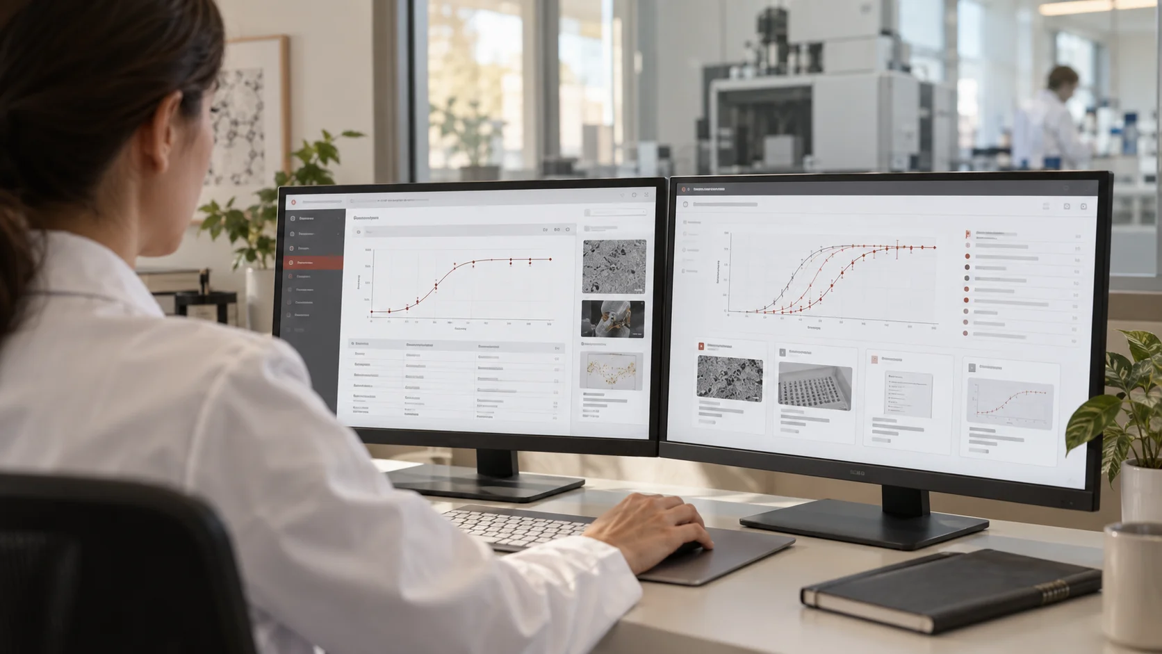 A scientist reviews electronic experiment records and comparative assay results on adjoining monitors at a research workstation.