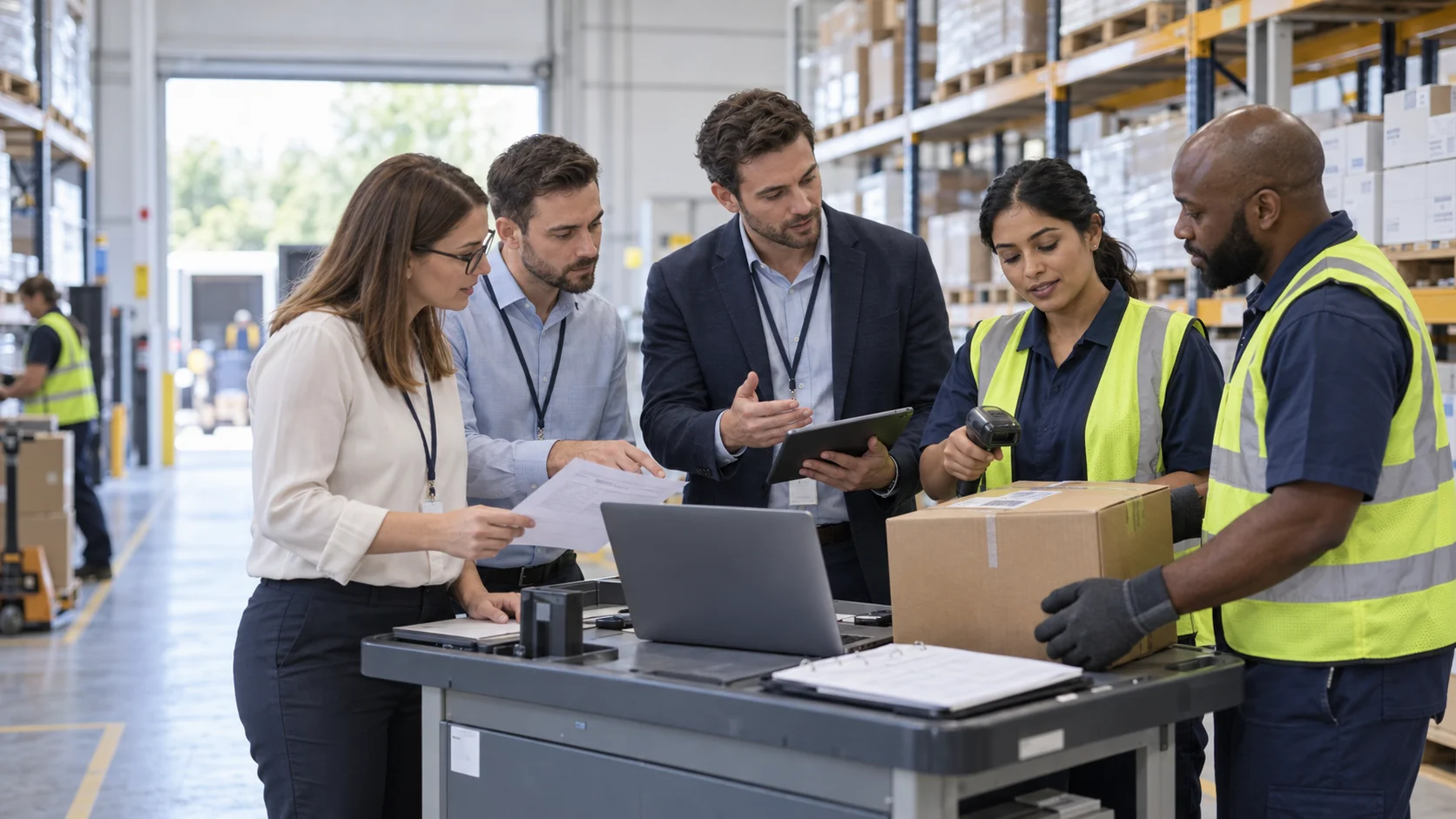 Finance professionals, warehouse staff, and an ERP consultant reconcile a delivery using documents, a laptop, a tablet, and a barcode scanner.
