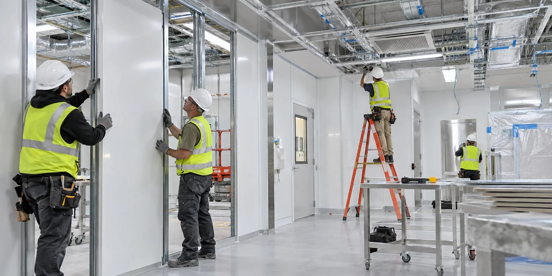Construction team installing a life-science clean room
