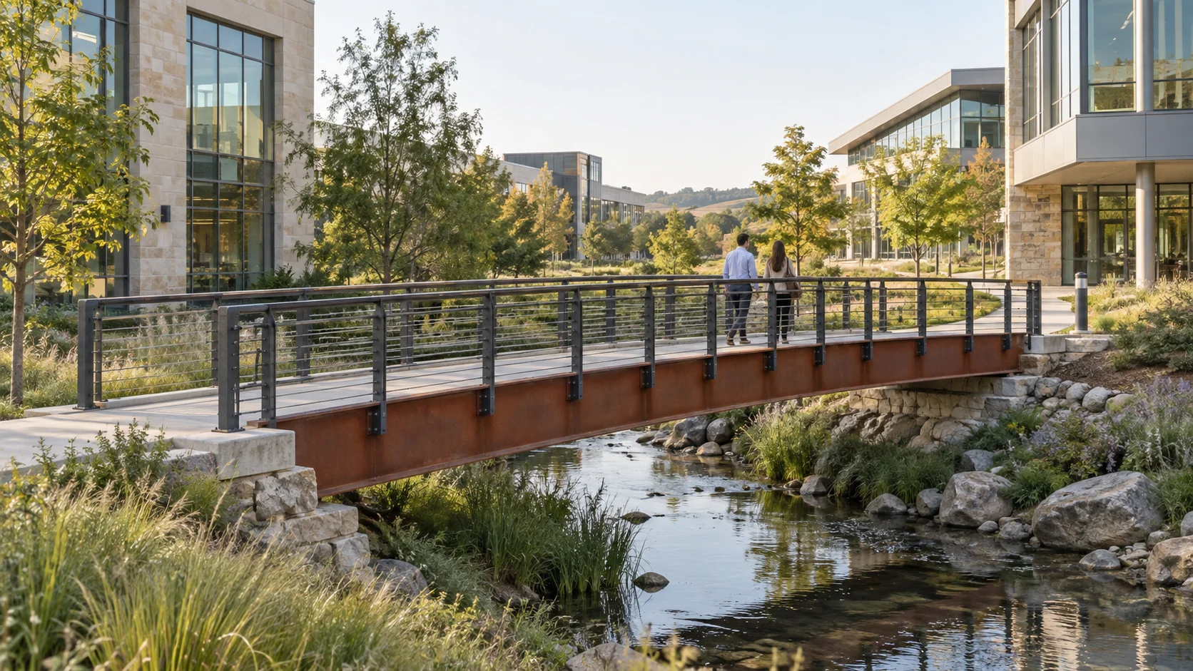 Pedestrian bridge connecting two research campus buildings across a landscaped creek