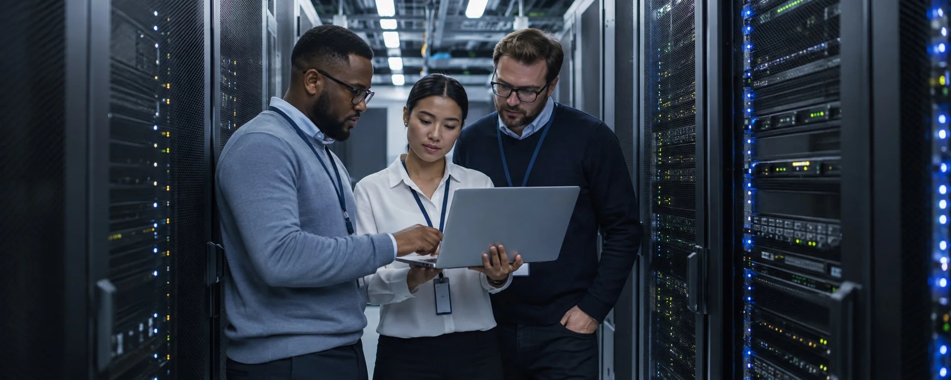 Technology professionals working together in a modern server room