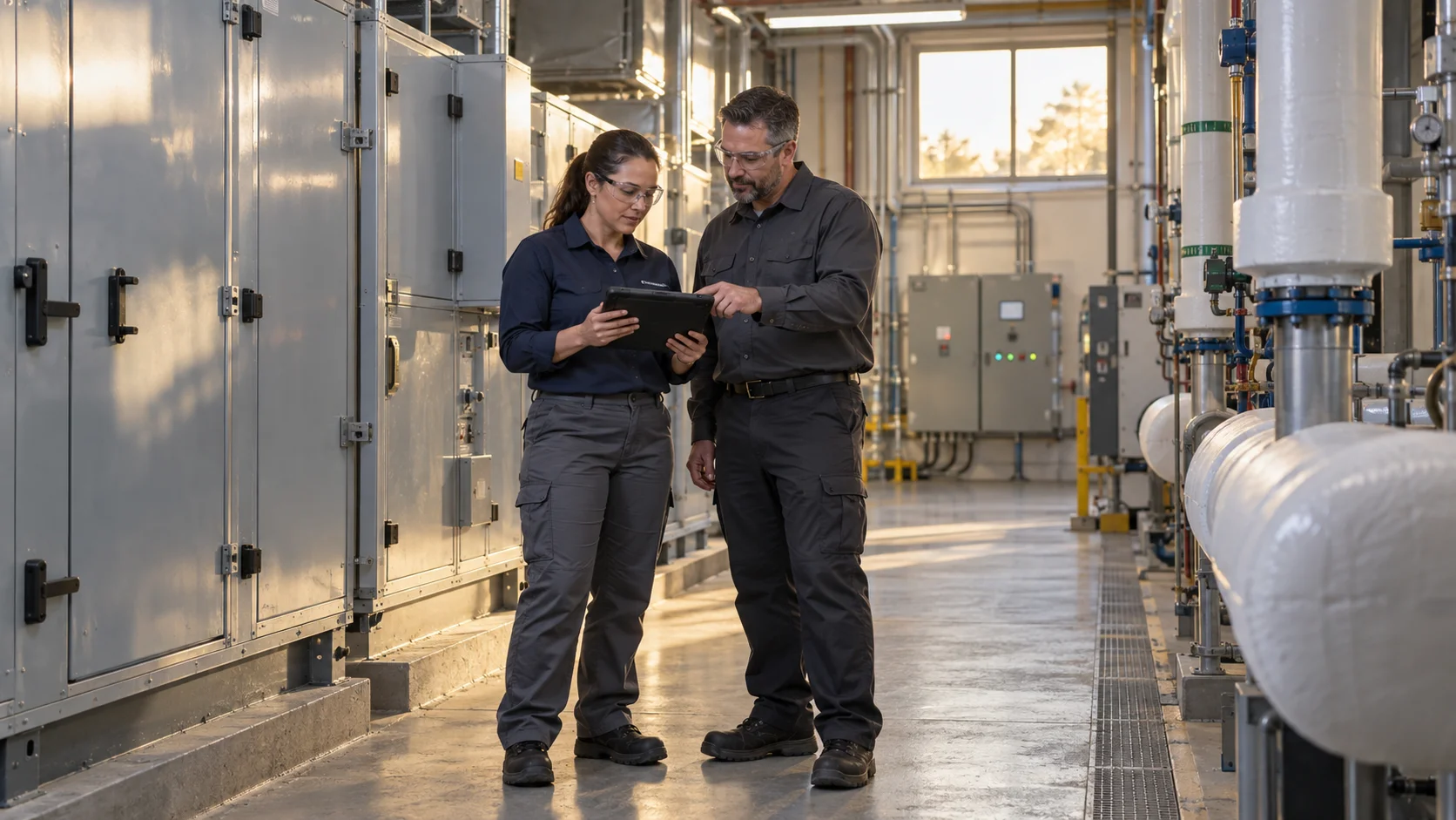 Two facilities engineers review building-system information on a tablet in a biotechnology mechanical service room.