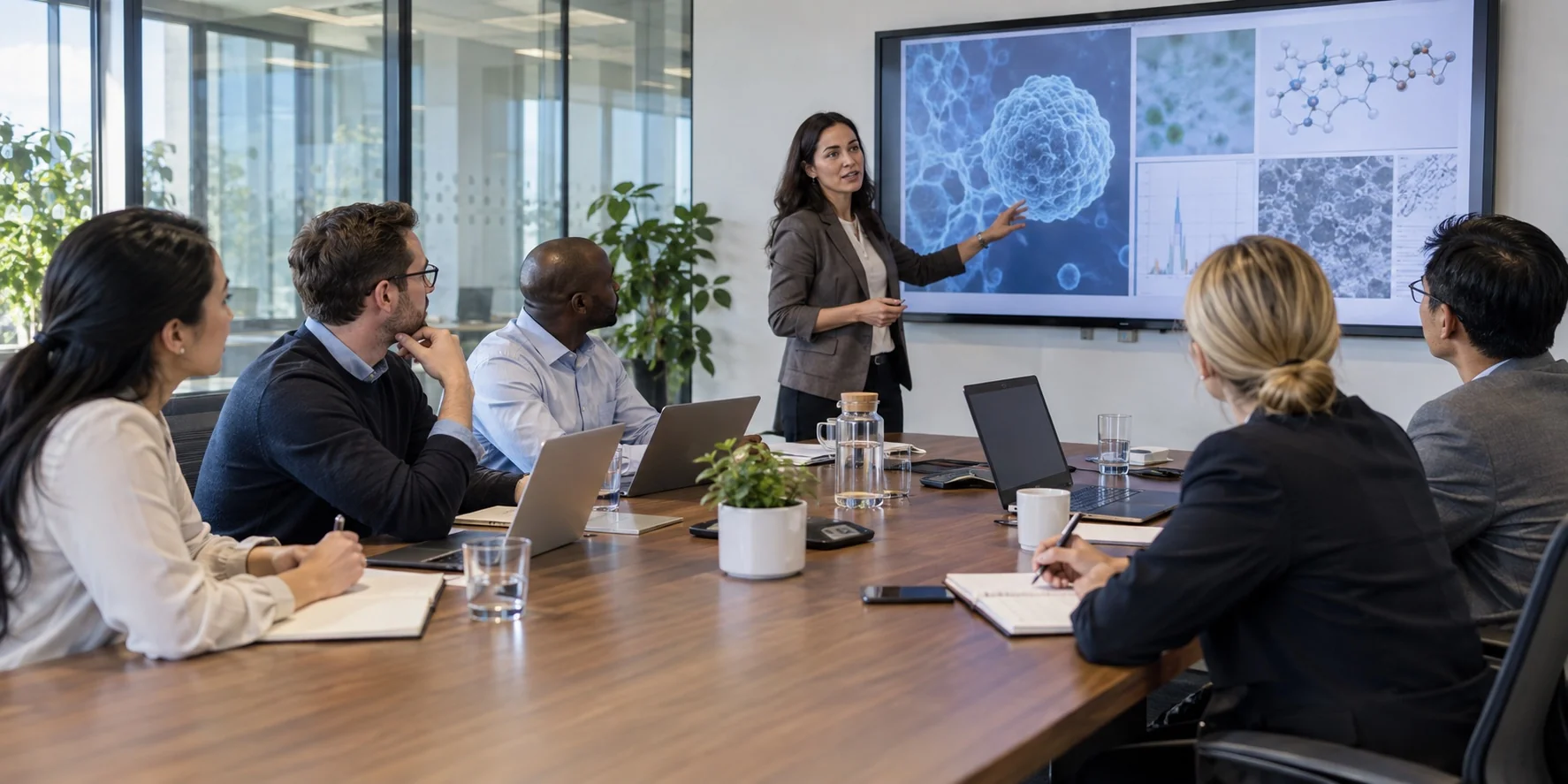 Life-science professionals collaborating around a boardroom presentation