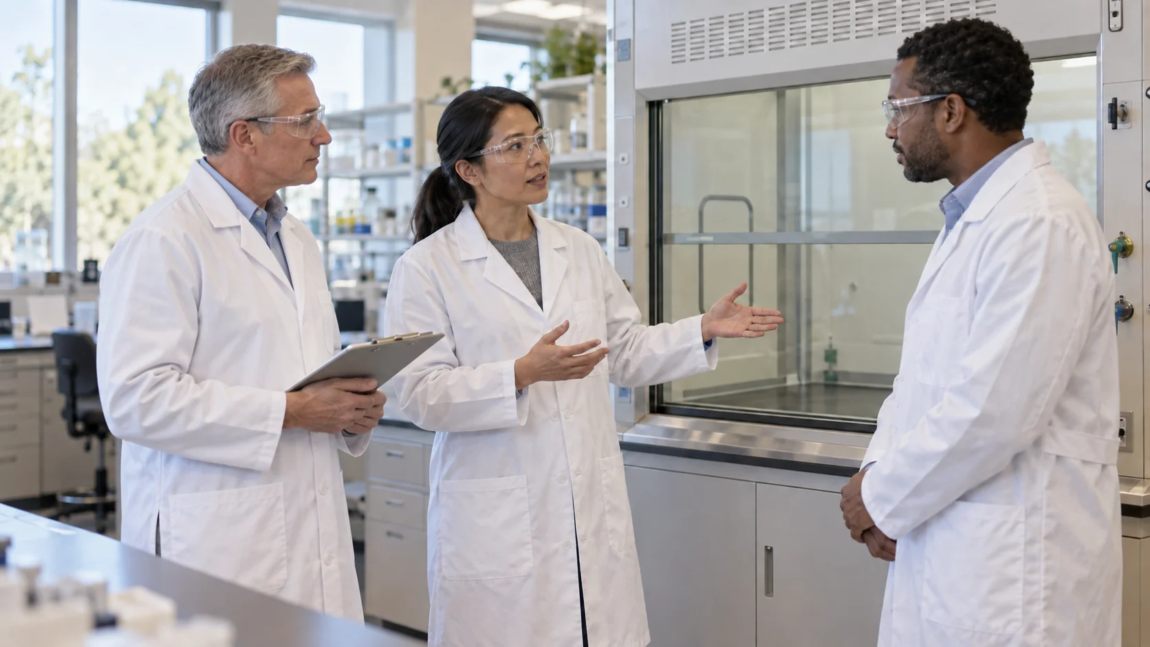 A laboratory team discusses safe working conditions during a walk-through, with colleagues listening beside a fume hood.
