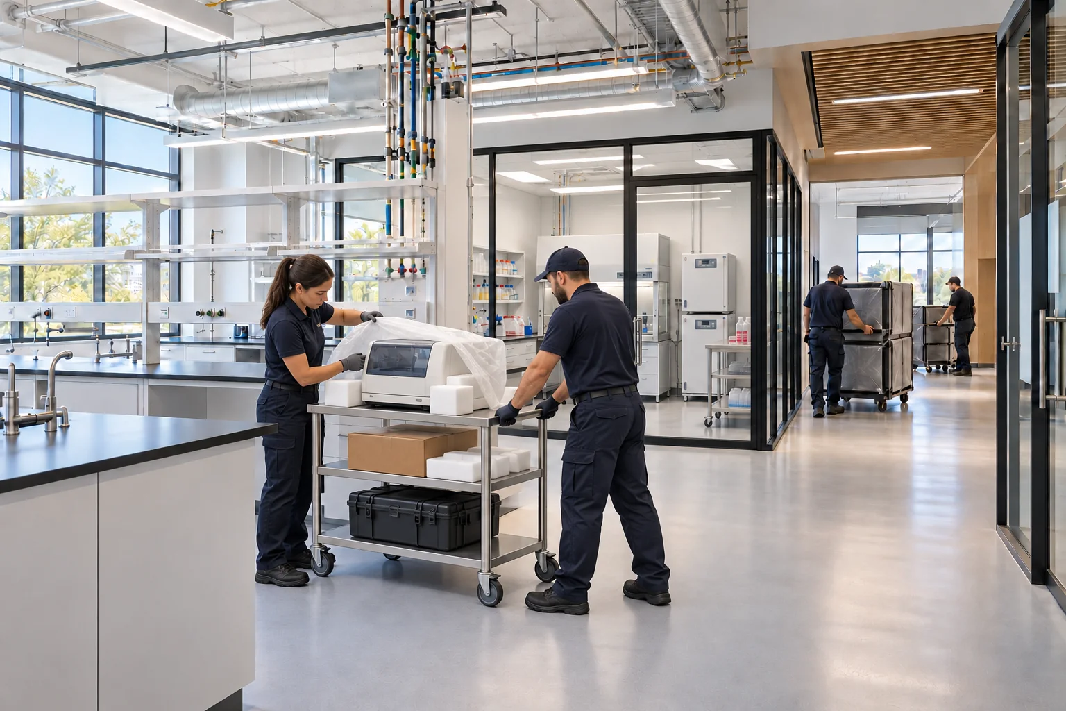Illustrative laboratory move-in crew unpacking and positioning equipment outside an enclosed glass tissue-culture room.