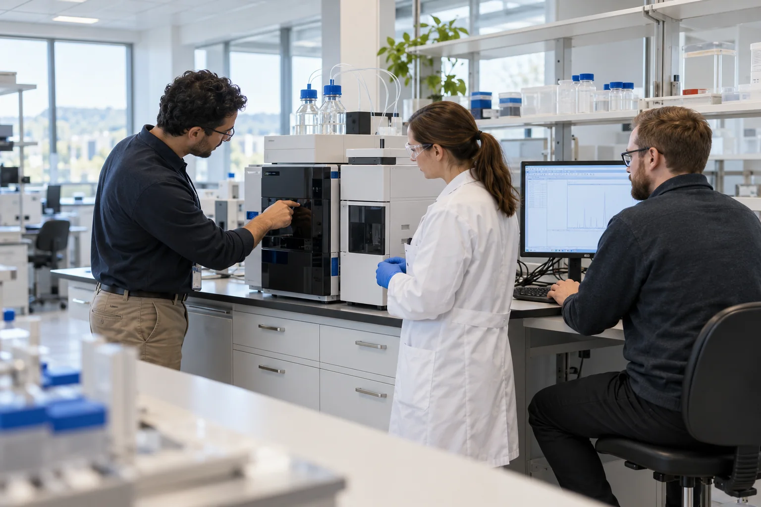 Illustrative laboratory commissioning with equipment, scientific and IT specialists checking instrument readiness.
