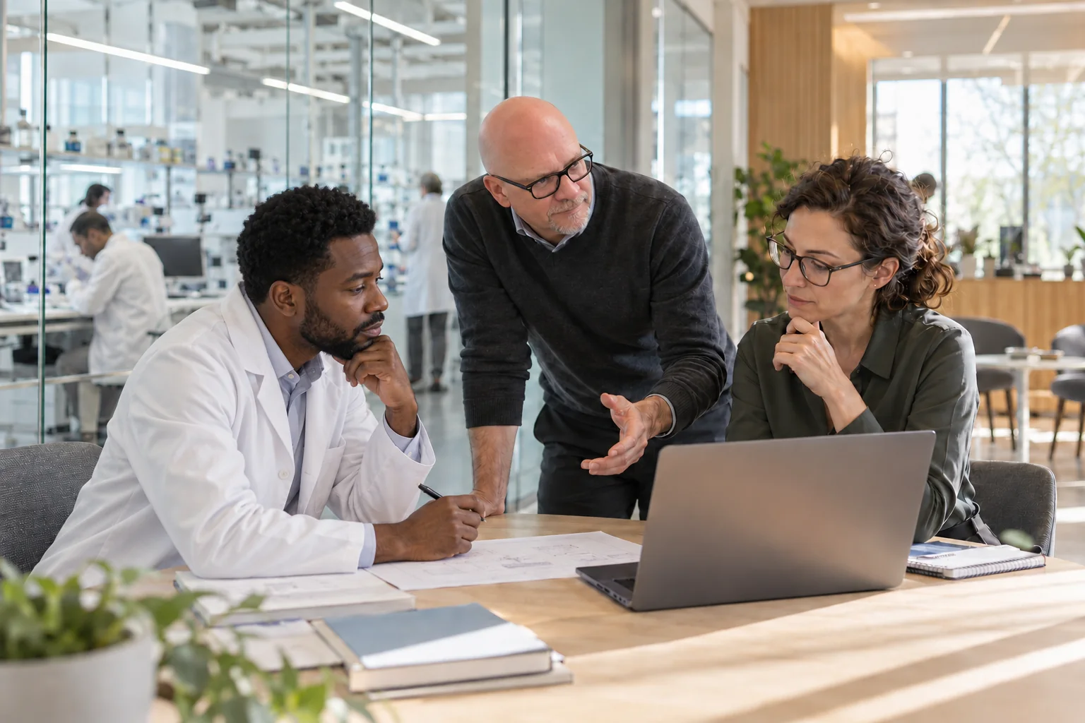 Illustrative scene of Steve Michel aligning laboratory and technology priorities with two colleagues.