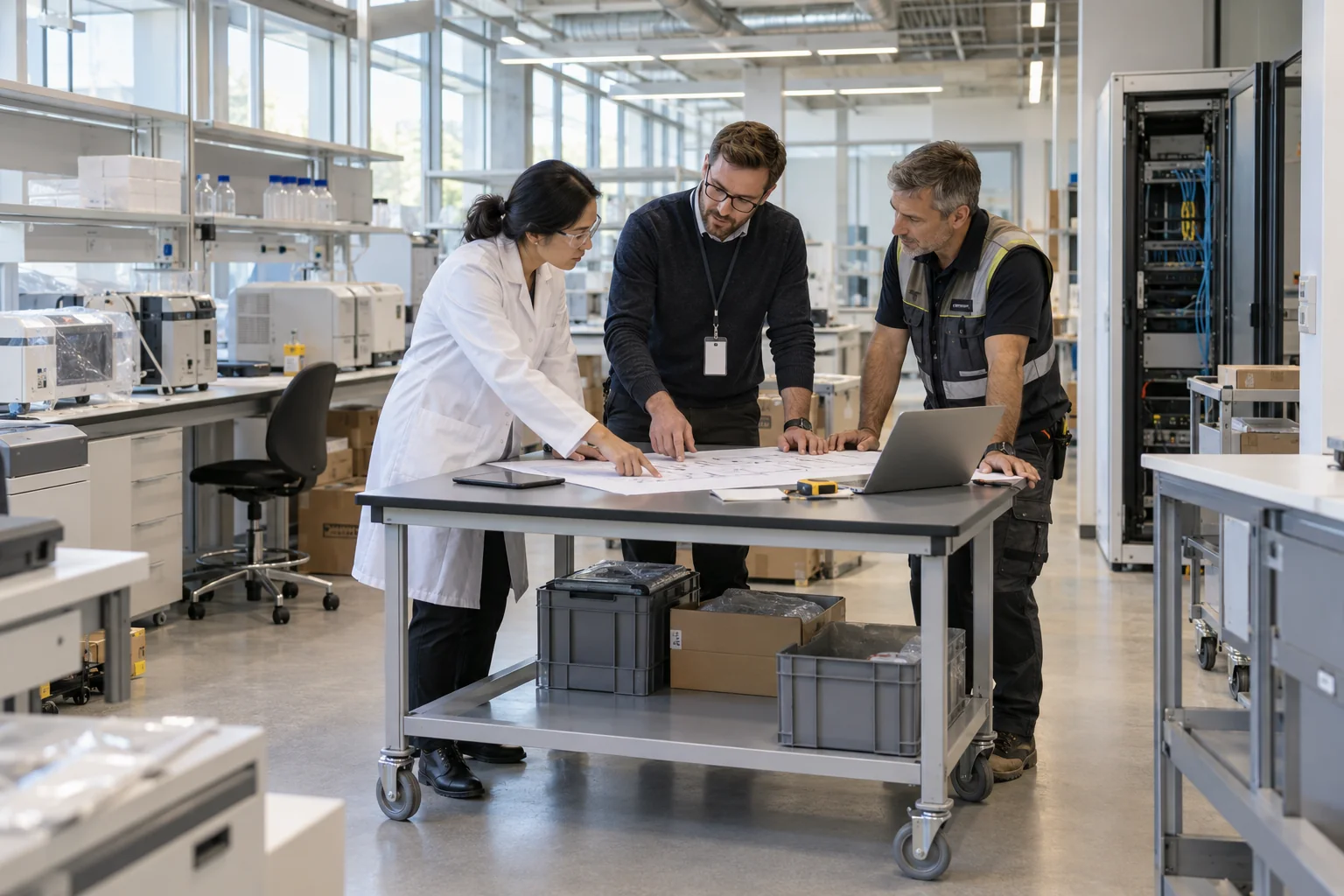 A project leader, laboratory scientist and facilities specialist coordinating an equipment installation plan.